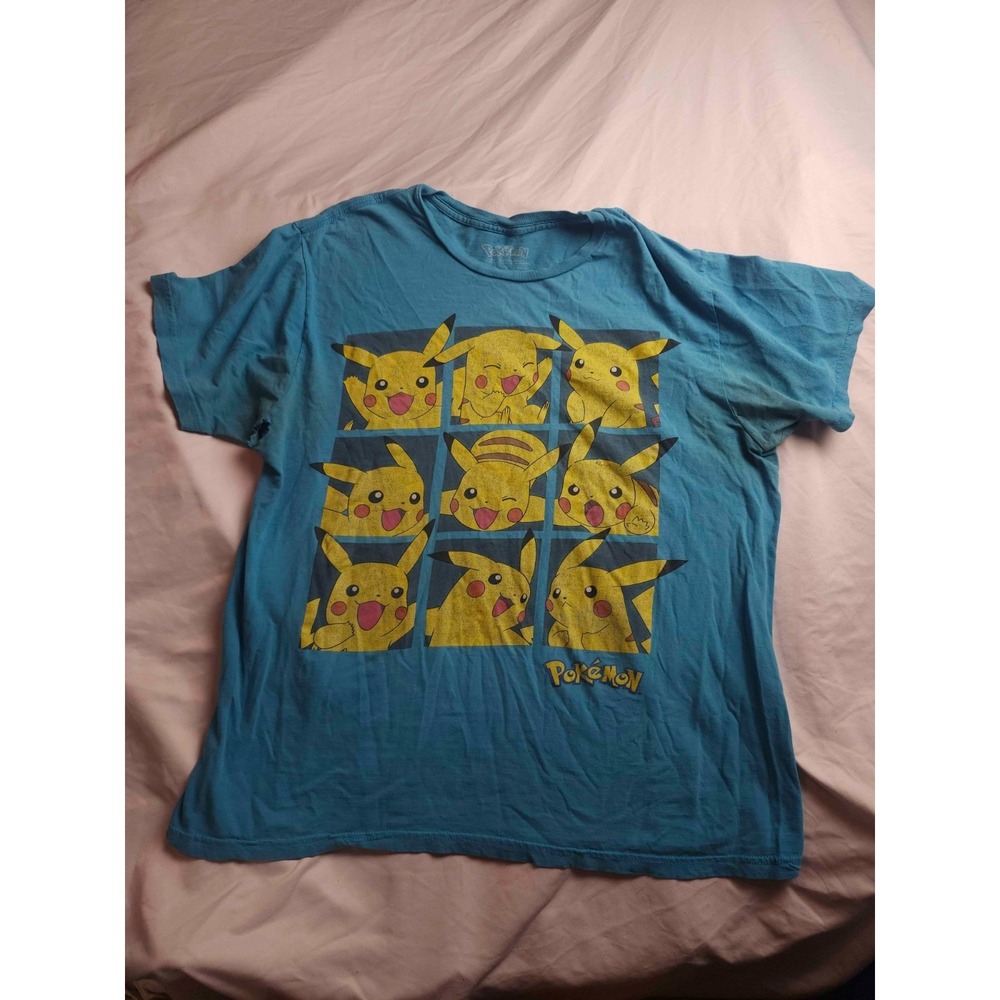 Pokémon Pikachu Grid Shirt Youth Size XL Blue Graphic Print Anime Short Sleeve